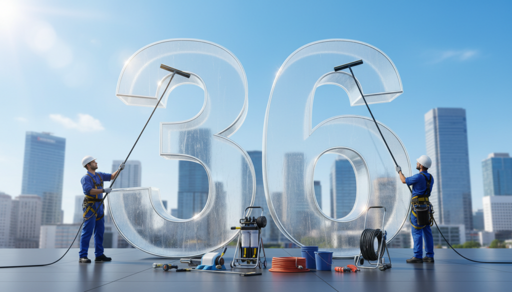A striking image of the number "36" prominently displayed, crafted from gleaming glass panels, reflecting a bright and clean atmosphere. In the foreground, two professional window cleaning workers in uniform, equipped with modern cleaning tools, are focused on polishing the glass surface of the number, demonstrating precision and care. The middle ground features various pieces of high-quality window cleaning equipment neatly arranged, adding depth to the scene. In the background, a contemporary urban skyline under a clear blue sky enhances the modern communication theme. The scene is well-lit, with sunlight creating soft reflections and glints off the glass, evoking a sense of clarity, professionalism, and efficiency in communication.