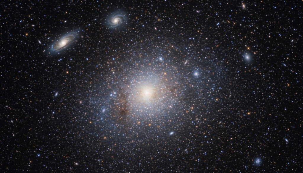 A stunning depiction of Messier 14, the globular cluster in the constellation Ophiuchus, should capture its intricate details. In the foreground, a multitude of brilliant stars densely packed, with bright white and golden hues radiating against the inky blackness of space. The middle layer should feature a soft, ethereal glow emanating from the core of the cluster, highlighting the central grouping of stars and their colorful variations. In the background, a faint swirl of distant galaxies and cosmic gas clouds adds depth and intrigue to the scene. The lighting should be cosmic, with a focus on celestial illumination that creates a sense of wonder. A wide-angle view captures the vastness of the universe, evoking a feeling of exploration and awe in the cold, tranquil atmosphere of deep space.
