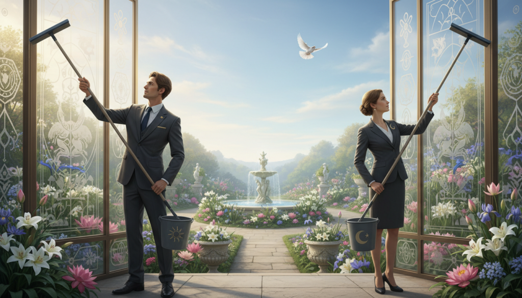 A vibrant depiction of mythological pairs symbolizing cultural and religious themes, focusing on the harmonious balance between nature and spirituality. In the foreground, a pair of elegant figures dressed in professional business attire, representing deities or icons from mythology, use professional window cleaning equipment to cleanse a large, ornate glass structure. The middle layer features a lush, green garden filled with flowering plants, symbolizing growth and purity. The background showcases a bright, clear sky, with soft sunlight illuminating the scene, creating a clean and serene atmosphere. The mood is one of tranquility and enlightenment, inviting viewers to reflect on the deep connections between mythology, culture, and the act of cleansing. Use a wide-angle lens for an expansive view with soft lighting to enhance the overall purity and clarity of the image.