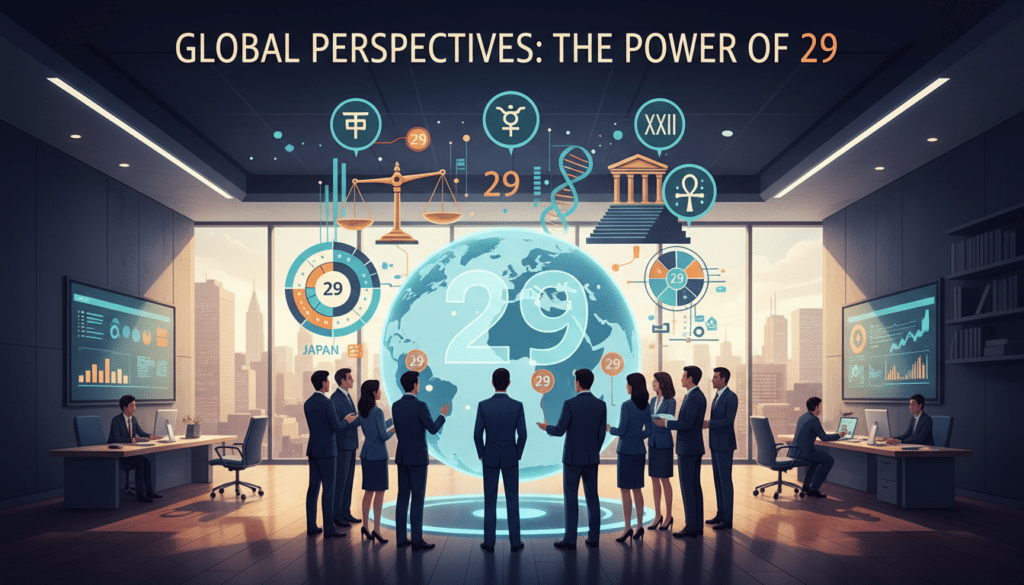 A vibrant illustration depicting the significance of the number 29 across various cultures, set in a professional business context. In the foreground, a group of diverse business professionals in smart attire engage in a discussion, pointing at a large globe that highlights countries with cultural associations with the number 29. The middle ground shows graphical representations of cultural symbols associated with the number, such as traditional scales, calendars, and architectural elements. In the background, a bright and clean office atmosphere with large windows allows natural light to flood the space, creating an uplifting and engaging mood. The camera angle is slightly elevated, providing a clear view of the interactions and symbols, emphasizing the importance of cultural perspectives in business.