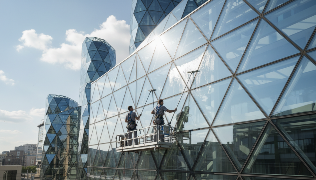 A vibrant, modern scene showcasing professional window cleaning in an architectural setting, emphasizing geometric shapes and patterns. In the foreground, two workers in crisp uniforms are using professional window cleaning equipment – a squeegee and a spray bottle. They are diligently cleaning tall glass windows, reflecting the sunlight. In the middle, the glass windows reveal intricate geometric designs formed by the building's architecture, such as angular facades and symmetrical patterns. The background features a bright blue sky with a few fluffy clouds, enhancing the clean atmosphere. The lighting is bright and even, highlighting the glistening clean surfaces. The angle is slightly elevated, providing a comprehensive view of the scene, creating an uplifting and industrious mood that aligns with the theme of clarity and precision in geometry.