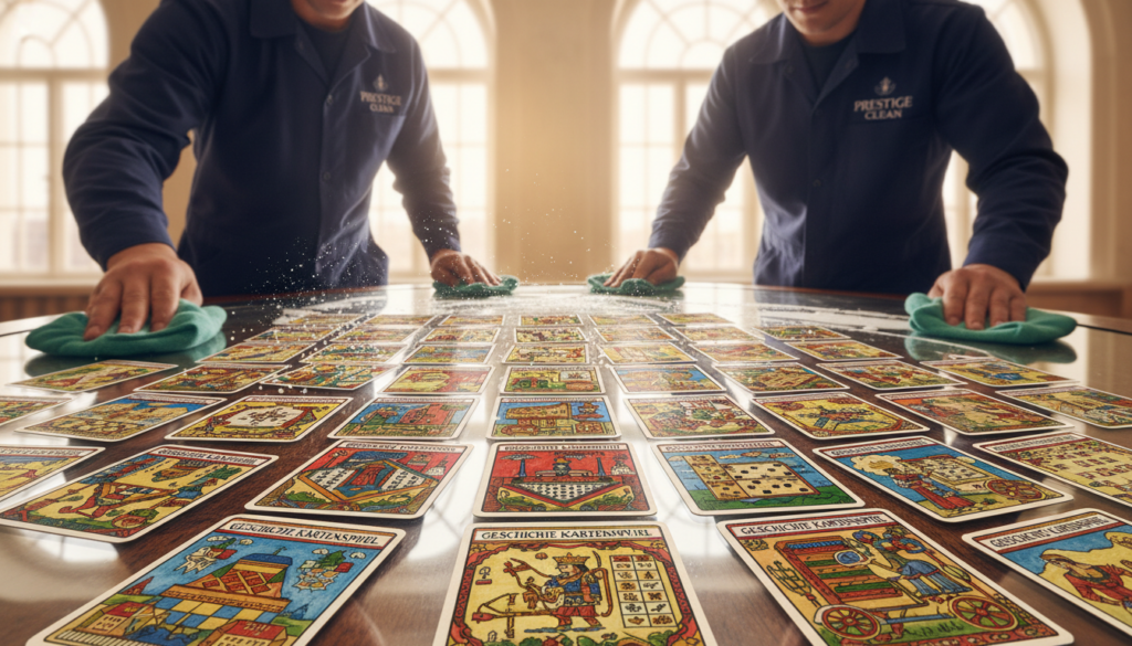 A vintage table adorned with an array of colorful "geschichte kartenspiel" cards, featuring intricate historical illustrations depicting classic games. In the foreground, a pair of professional window cleaners in uniforms meticulously polishing the glass surface of the table, reflecting the cards and creating a bright, clean atmosphere. In the middle ground, the cards are fanned out to show their detailed artwork while subtle reflections of the cleaners can be seen in the glass, emphasizing the theme of both history and cleanliness. In the background, soft, natural lighting floods the scene, highlighting the textures of the cards and the polished glass with a warm, inviting glow. The overall mood is nostalgic and engaging, inviting viewers to explore the history of these classic games.