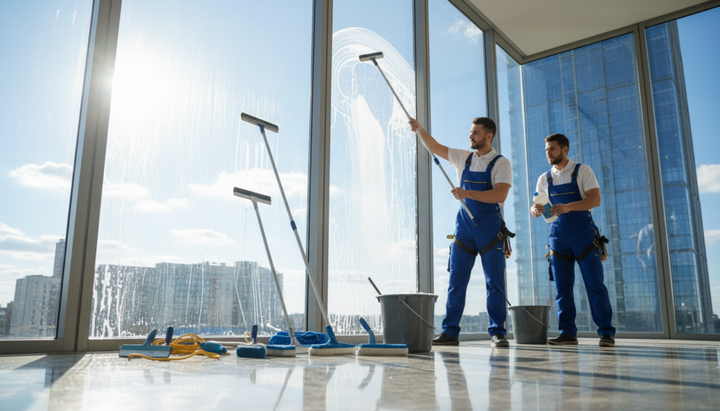 A visually striking scene depicting professional window cleaning strategies, featuring a variety of window cleaning tools, such as squeegees, scrubbers, and safety harnesses, arranged artfully on a polished surface. In the foreground, two workers in crisp uniforms demonstrate teamwork, one expertly using a squeegee while the other prepares the cleaning solution, their expressions focused and determined. In the middle, a large glass window sparkles under bright sunlight, symbolizing clarity and victory. The background showcases a modern office building with a clear blue sky, enhancing the theme of cleanliness and success. The overall atmosphere is vibrant and motivating, with natural lighting accentuating the shiny tools and the workers' professionalism. The camera angle is slightly elevated, capturing both the workers and the sparkling windows in a captivating composition.