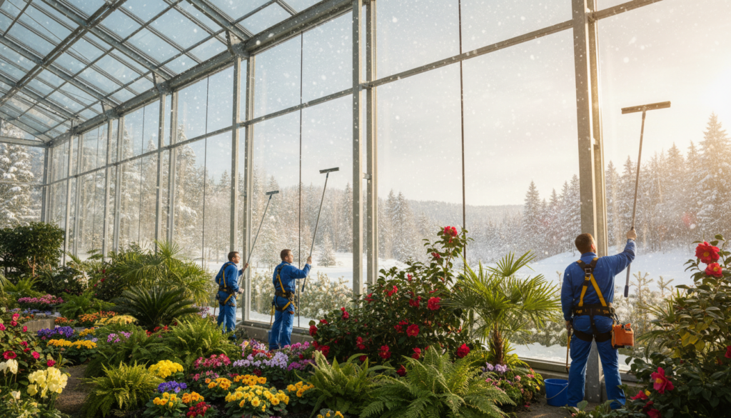 A well-maintained winter garden, featuring bright, large glass panels that reflect sunlight. In the foreground, a professional window cleaning team in uniform meticulously cleans the windows, highlighting the importance of upkeep. In the middle ground, lush green plants and colorful flowers bloom vibrantly, creating a lively atmosphere. The background showcases a serene winter landscape outside, with soft snow gently falling against the glass. The scene is illuminated by warm, natural light filtering through the windows, creating a clean and inviting ambiance. The perspective is slightly tilted upwards, capturing the height of the winter garden's structure while emphasizing the clarity and sparkle of the glass.
