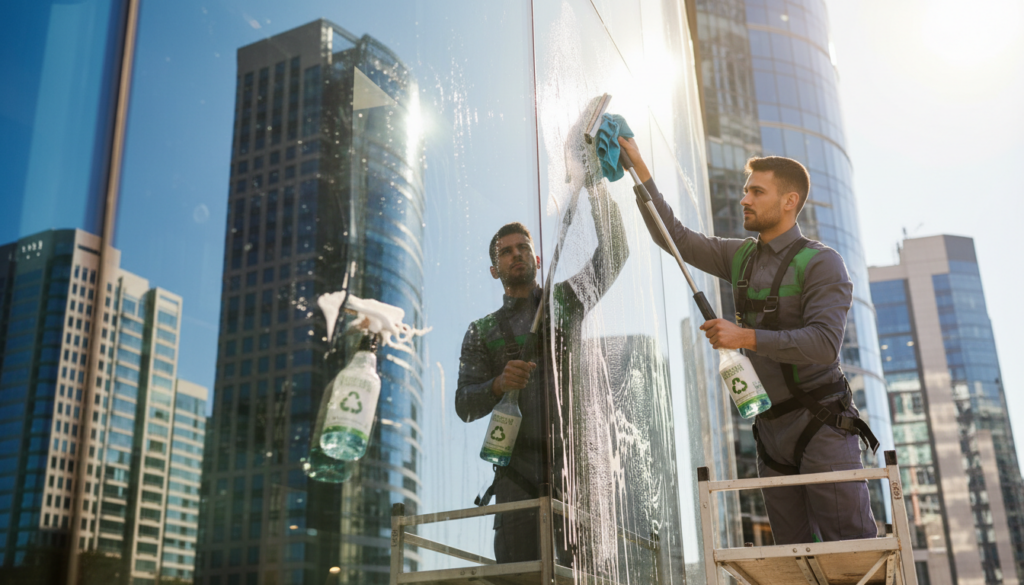 Create a vibrant image depicting a professional window cleaning scene focused on sustainable care for glass surfaces. In the foreground, show two workers in smart uniforms, carefully using eco-friendly cleaning solutions on large, shiny glass windows. Their expressions convey concentration and professionalism. In the middle, a view of modern buildings with expansive glass facades reflects sunlight, creating a bright atmosphere. The cleaning tools, like squeegees and microfiber cloths, should be visually prominent and appear high-quality, showcasing sustainable practices. In the background, a clear blue sky enhances the scene, with soft, natural lighting illuminating the glass surfaces, casting gentle shadows. The overall mood is clean, efficient, and eco-conscious, inviting viewers into the world of sustainable glass maintenance.