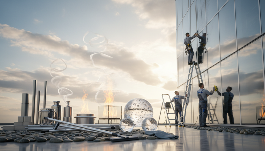 In a serene and clean environment symbolizing the "five elements," create a captivating scene featuring five distinct elements represented by natural materials: earth (stones), water (glistening droplets), fire (gentle flames), air (swirling breezes), and metal (shiny tools). In the foreground, display professional window cleaning equipment, such as squeegees and ladders, neatly arranged. In the middle, place uniformed workers, expertly attending to the task of window cleaning, embodying teamwork and dedication. The background should showcase an open sky with soft, bright sunlight filtering through clouds, creating an uplifting atmosphere. Use a wide-angle lens to capture the entirety of the scene, emphasizing the connection between cleanliness, spirituality, and the harmony of the elements in a professional setting, while ensuring the image remains SFW.