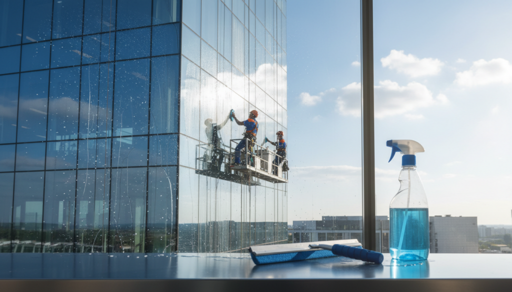 Vibrant scene depicting a professional window cleaning crew in uniforms, actively working on a modern office building. In the foreground, a shiny squeegee and cleaning solution are prominently placed, symbolizing meticulous attention to detail. The middle ground features two workers carefully cleaning large glass windows, showcasing their expertise and commitment to quality. In the background, the gleaming skyscraper reflects a clear blue sky, enhancing the atmosphere of cleanliness and professionalism. Soft, natural light spills in from the side, creating an inviting and productive ambience. The overall mood of the image conveys reliability, customer satisfaction, and top-notch service in the cleanliness industry.