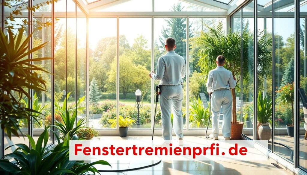 A bright and inviting scene showcasing a professional winter garden cleaning service. In the foreground, two workers in clean uniforms use modern equipment to meticulously clean the glass surfaces of a spacious winter garden filled with lush plants and natural light. The middle ground features an array of large, clear windows reflecting the exterior greenery, while in the background, we see a sunlit garden bursting with colorful flowers and verdant trees. The lighting is warm and soft, evoking a serene, fresh atmosphere. The image conveys a sense of care and professionalism essential for maintaining the value of such spaces. Include the brand name "Fensterreinigungprofi.de" subtly integrated into the scene, ensuring it enhances the overall composition without being intrusive.