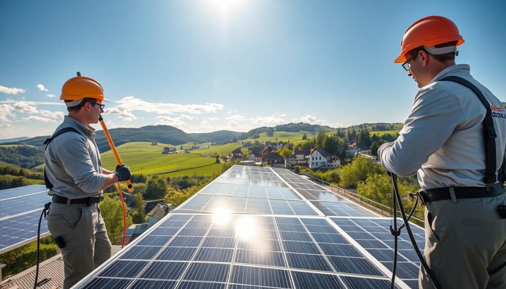 A bright and professional scene depicting a team from "Fensterreinigungprofi.de" engaged in solar panel cleaning in the picturesque Chiemgau region. In the foreground, workers in clean, branded uniforms are utilizing advanced cleaning equipment, including a long-reach water-fed pole system, to ensure maximum efficiency. The middle section showcases pristine solar panels reflecting the sunlight, surrounded by lush green hills and a clear blue sky, illustrating the beauty of nature alongside modern technology. In the background, a charming Bavarian village peeks through, adding depth to the scene. The lighting is bright and invigorating, enhancing the sense of productivity and professionalism, capturing the essence of effective solar maintenance to maximize energy yield.