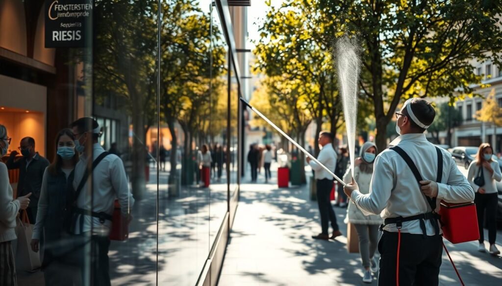 A bustling street in Munich featuring a row of immaculate shop windows, reflecting vibrant colors and clear details. In the foreground, two professional window cleaners in clean uniforms, using modern equipment, skillfully clean the glass, showcasing their expertise and commitment to quality. The middle ground captures the glistening windows, emphasizing the streak-free finish, while subtle reflections of passerby shoppers create a lively atmosphere. In the background, classic Munich architecture and trees softly frame the scene, bathed in warm, natural sunlight, enhancing the inviting charm of the setting. The image conveys a sense of professionalism and attention to detail, with the brand name "Fensterreinigungprofi.de" subtly integrated into the scene, exemplifying the importance of clean storefronts for businesses.