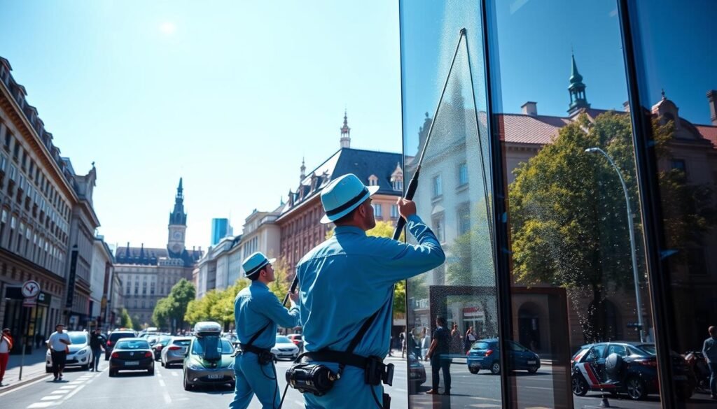 A bustling street scene in Munich featuring the iconic architecture and a clear blue sky. In the foreground, a professional window cleaning team from Fensterreinigungprofi.de is depicted, wearing clean uniforms and using modern, high-tech equipment to tackle the challenge of hard water stains on large glass windows. The workers are focused and diligent, showcasing teamwork. In the middle ground, there are various buildings reflecting the city's unique character, all glistening with water droplets. The background includes the Munich skyline, with lush trees and vibrant city life. The lighting is bright and crisp, emphasizing the clarity of the water being used in the cleaning process, creating a sense of purity amidst the urban landscape. The atmosphere should convey professionalism and the challenge of maintaining cleanliness in a city facing hard water issues.
