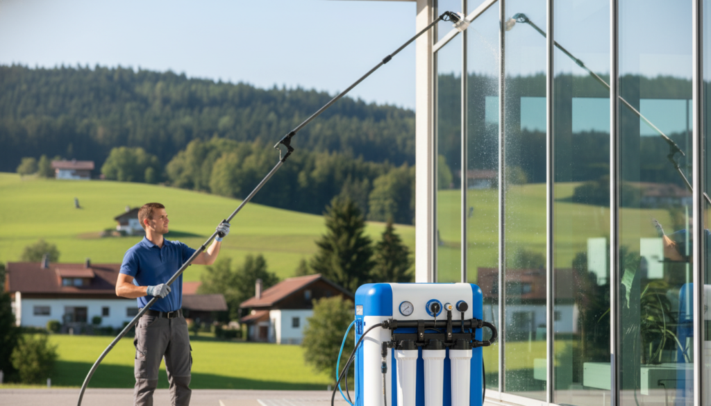 A detailed view of a reverse osmosis system designed for window cleaning, prominently featuring a high-tech demineralization unit. In the foreground, elegant telescopic poles equipped with clean water nozzles are being used to wash large, spotless windows without streaks. In the background, lush greenery of the Bavarian landscape enhances the serene atmosphere. The lighting is bright and natural, casting soft shadows that emphasize the sleek design of the water purification system. The scene captures a professional cleaner in modest casual clothing, showcasing the efficiency of the clean water system. The angle is slightly elevated, providing a dynamic perspective that illustrates the operational aspect of the system while maintaining a calm and organized atmosphere.