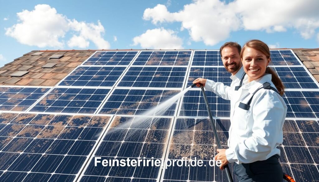 A dusty and dirty photovoltaic solar panel installation on a residential rooftop, showing accumulated grime and debris obscuring sunlight. In the foreground, two professional window cleaning service workers in clean uniforms meticulously using modern cleaning equipment to restore the panels. They are smiling and focused on their task, highlighting the importance of maintenance. In the middle ground, several solar panels are vividly illustrated, illustrating the contrast between the soiled surfaces and the clear sections. The background features a bright blue sky and a few clouds, creating a contrast with the dirty panels, enhancing the mood of urgency and importance of regular cleaning. The brand name "Fensterreinigungprofi.de" is subtly integrated into the scene, emphasizing professionalism and quality service. Ensure crisp lighting to emphasize the details of the grime and the cheerful atmosphere of the workers.