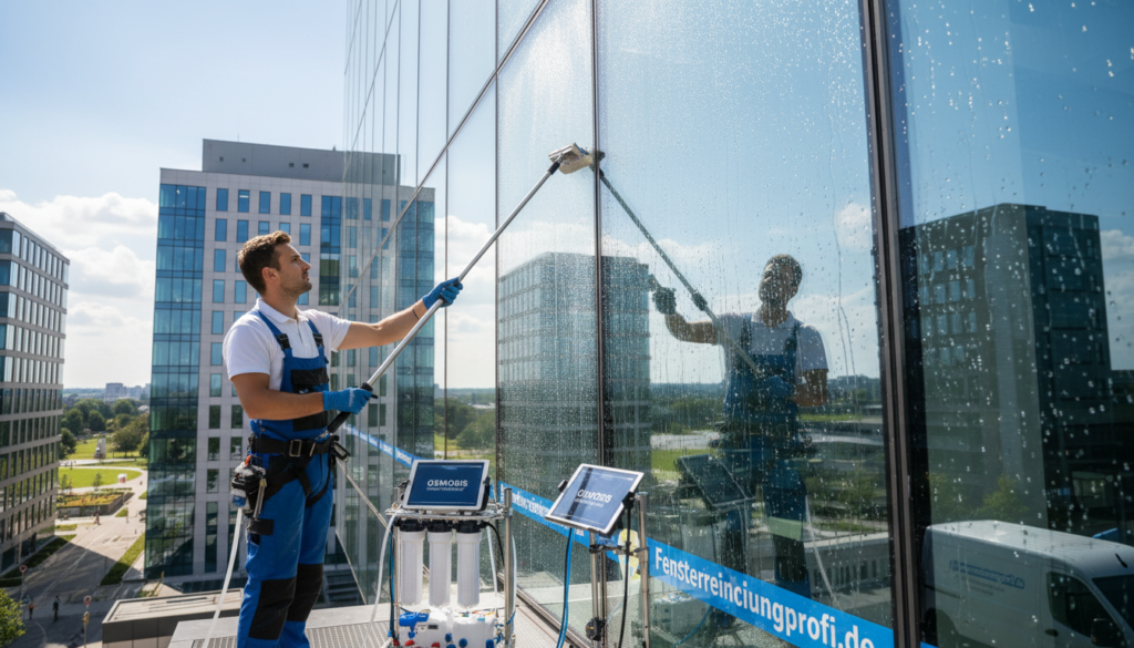 A modern window cleaning scene featuring a professional team from Fensterreinigungprofi.de, dressed in clean uniforms, expertly performing osmosis cleaning on large, sparkling glass windows of a contemporary office building. In the foreground, focus on a worker using advanced osmosis purification equipment, showcasing the innovation behind the cleaning process. In the middle ground, depict another team member ensuring the cleanliness of the windows, with clearly visible droplets of water shimmering in the light. The background should present a bright and sunlit urban skyline, enhancing the feeling of cleanliness and professionalism. Utilize natural lighting to create a fresh and inviting atmosphere, capturing the essence of modern window cleaning techniques. Aim for an angle that emphasizes both the teamwork and the impressive results of osmosis cleaning.