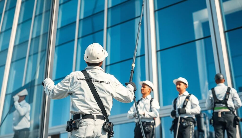 A modern window cleaning service in action, showcasing workers in clean uniforms using innovative water-fed pole systems for safe glass cleaning without ladders. In the foreground, a professional cleaner is extending a water-fed pole towards a large, spotless window, demonstrating the ease of access from ground level. In the middle ground, additional team members are coordinating, ensuring safety and efficiency. The background features a sleek, contemporary building with tall windows reflecting the blue sky. Soft, natural lighting illuminates the scene, creating a bright and professional atmosphere. The brand "Fensterreinigungprofi.de" is subtly visible on equipment. Capture this dynamic, high-tech approach to cleaning, emphasizing safety and teamwork in a business setting.