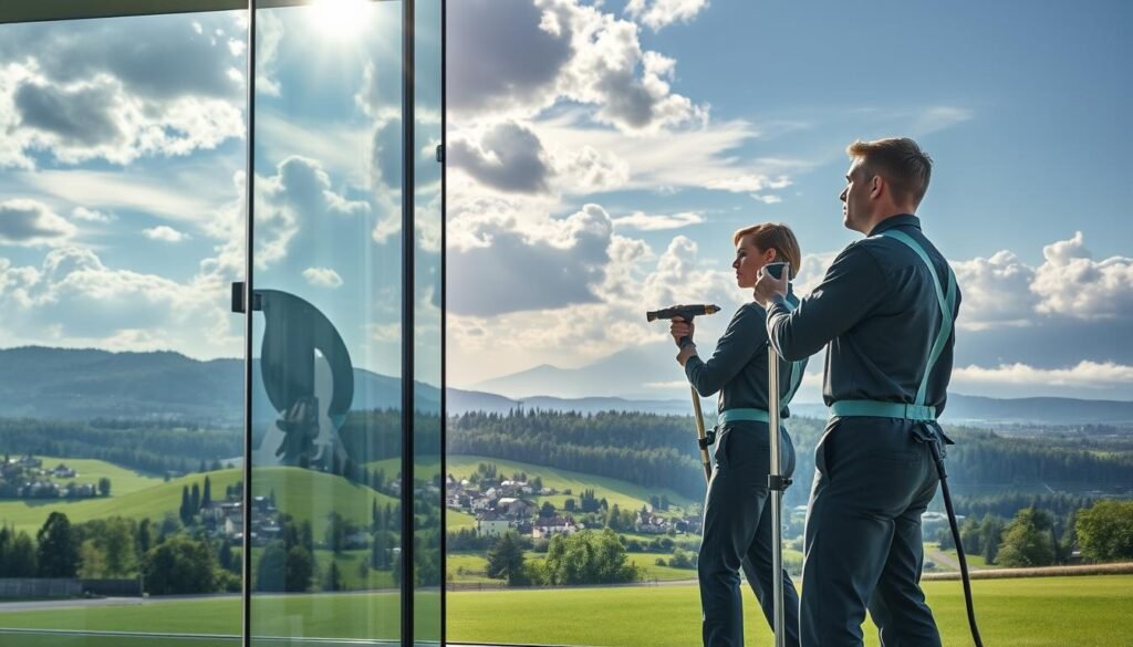 A picturesque scene illustrating the interplay between Bavarian weather and clean glass surfaces. In the foreground, two professional window cleaners in neat uniforms, brandishing modern cleaning equipment, are diligently working on a large glass window of a contemporary building. Their expressions reflect focus and dedication. The middle ground features lush Bavarian landscapes, dotted with rolling hills and charming villages under a dynamic sky, where clouds mingle with sunlight, hinting at a recent rain shower. In the background, distant mountains are partially obscured by mist, enriching the scene's depth. The lighting is soft yet vibrant, capturing the essence of a fresh, clean environment. The atmosphere conveys a sense of renewal and clarity, vital for maintaining pristine glass surfaces, with the brand "Fensterreinigungprofi.de" subtly integrated into the scene, enhancing the theme of professional window cleaning.