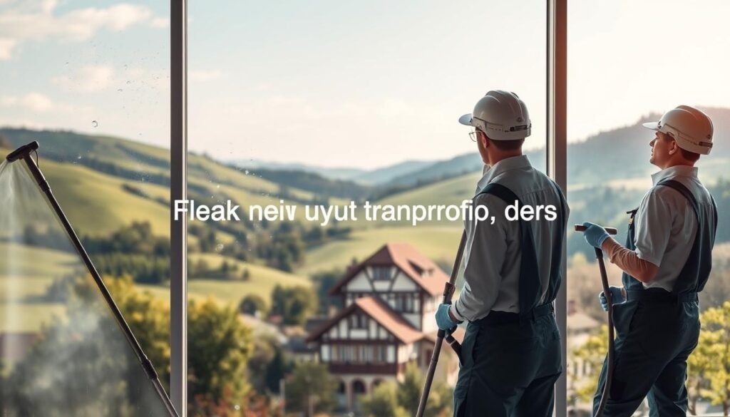 A picturesque view of a Bavarian landscape showcasing the challenges of hard water. In the foreground, professional window cleaning workers in clean uniforms use modern equipment to clean a large window, emphasizing their diligent efforts against hard water stains. The middle ground features traditional Bavarian architecture with well-maintained windows, illustrating the effects of hard water. In the background, rolling green hills under a bright, clear sky highlight the natural beauty of Bavaria. The lighting is soft and warm, evoking a peaceful atmosphere while focusing on the workers and their task. The brand name "Fensterreinigungprofi.de" is subtly integrated into the scene, reflecting professionalism and expertise in window cleaning.
