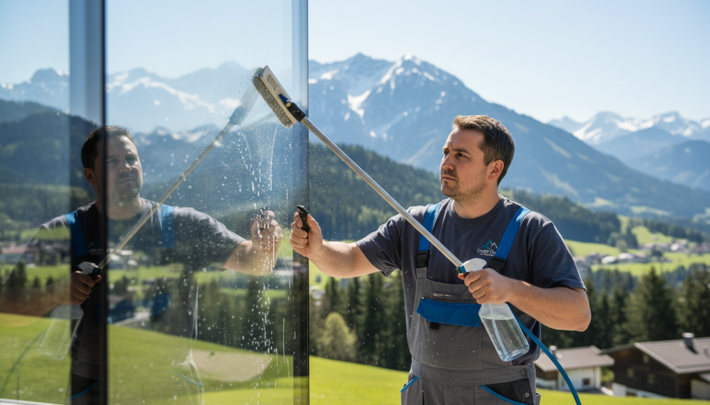 A professional window cleaner using a telescopic pole and osmosis water cleaning technique, meticulously cleaning large glass windows. In the foreground, focus on the cleaner, dressed in a smart uniform, holding a squeegee and spray bottle filled with clear water, showcasing their concentration and skill. In the middle ground, show sparkling clean glass reflecting sunlight, emphasizing the streak-free surface achieved through osmosis water. In the background, include a scenic view of the picturesque Bavarian landscape, with mountains and greenery, softly blurred to highlight the cleaner's work. The lighting is bright and natural, capturing the essence of a clear, sunny day, creating an atmosphere of professionalism and efficiency in window cleaning.