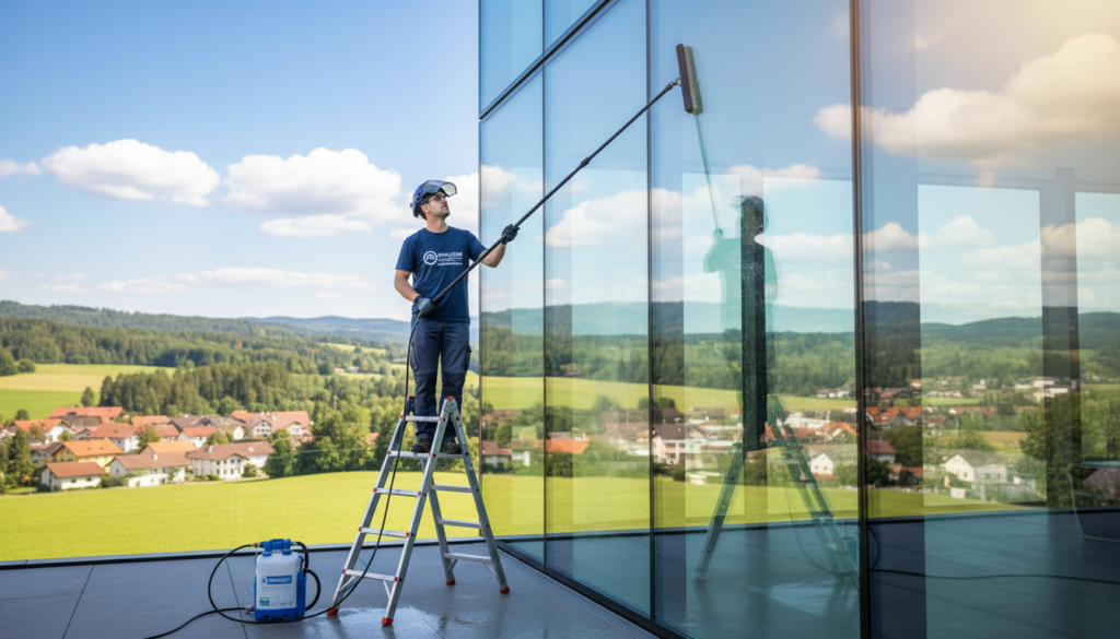 A professional window cleaner using osmose water technology, standing on a sturdy ladder, carefully cleaning a large window of a modern building. The foreground features the cleaner in a smart, branded uniform, equipped with a telescopic pole, focused on his task. The middle ground showcases the pristine window reflecting the vibrant sky, hinting at the streak-free finish that osmose water provides. In the background, a scenic view of the Bavarian landscape with rolling hills and lush greenery under bright, natural sunlight adds depth to the scene. The lighting is bright and clear, creating a professional and inviting atmosphere, with a slight lens flare to enhance the clean, fresh look of the environment.