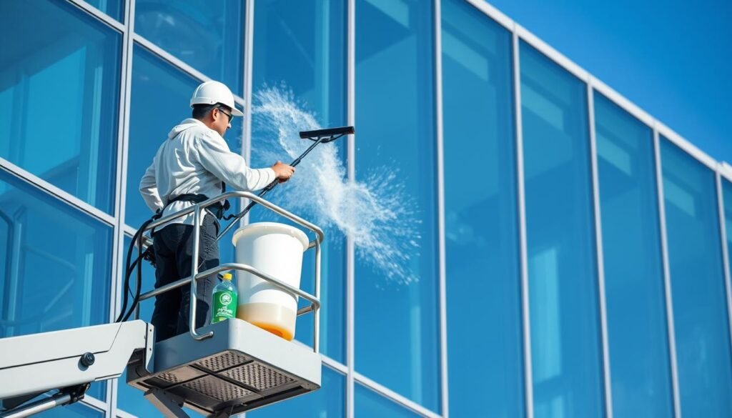 A professional window cleaning scene depicting a team of two workers in clean uniforms, using modern equipment to wash large glass windows of a contemporary building. In the foreground, the workers are positioned on an extendable lift, focused on their task, with a bucket of eco-friendly cleaning solution and squeegee in hand. The middle ground showcases the reflective glass façade of the building, highlighting the clarity of the glass as they work diligently. In the background, a vibrant blue sky contrasts with the sleek architecture, adding to the atmosphere of professionalism and cleanliness. The lighting should be bright and natural, enhancing the reflective surfaces. The brand name "Fensterreinigungprofi.de" should be subtly incorporated into the scene, emulated on the workers' uniforms.