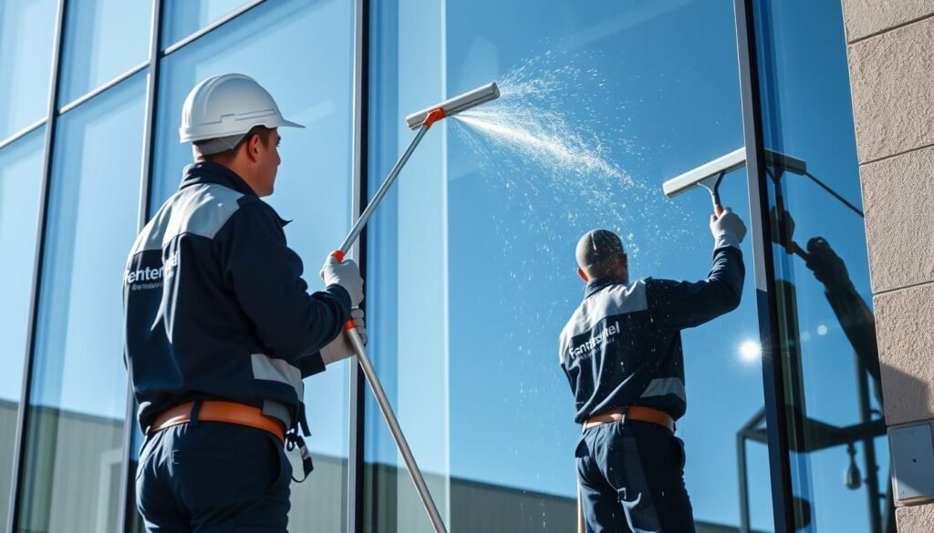A professional window cleaning scene featuring two workers in clean, crisp uniforms logoed with "Fensterreinigungprofi.de". In the foreground, one worker is skillfully operating a modern water-fed pole system that sprays pure water on a large building's glass facade, while the other worker is carefully squeegeeing the glass, showcasing the shine and clarity achieved without streaks. The middle ground captures the reflective sheen of the finished windows, glinting in the sunlight, emphasizing the brilliance of pure water cleaning. The background displays a clear blue sky, enhancing the professional atmosphere of the scene. Natural lighting illuminates the workers and their equipment, casting soft shadows for depth. The image conveys a mood of professionalism, efficiency, and the innovation behind using pure water for window cleaning.