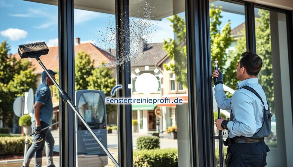 A professional window cleaning scene in Bad Aibling, showcasing the eco-friendly method using pure water. In the foreground, a team of two workers in clean uniforms is actively cleaning large, sparkling clean windows with modern, specialized equipment. One worker is using a brush with a water-fed pole, while the other is carefully wiping the glass with a squeegee, highlighting their attention to detail. In the middle layer, interesting reflections of a sunny blue sky and green trees can be seen on the windows, enhancing the focus on cleanliness and eco-friendliness. The background features a charming street in Bad Aibling, with small shops and greenery. Soft natural lighting creates a bright and inviting atmosphere, conveying professionalism and efficiency. Include the brand logo "Fensterreinigungprofi.de" subtly integrated into the cleaning equipment for branding.