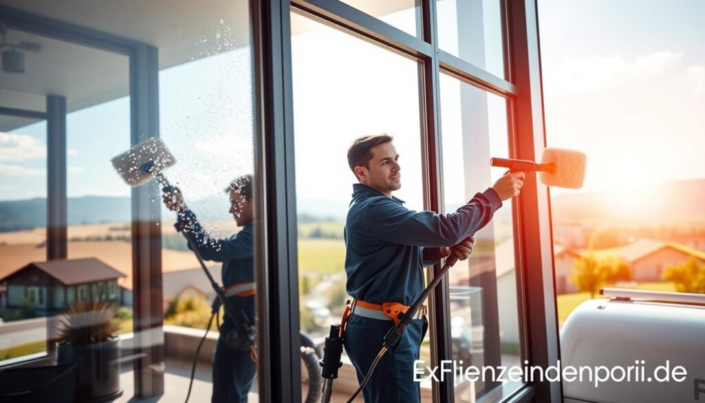 A professional window cleaning scene in Oberbayern, showcasing two workers in crisp uniforms using modern equipment to clean large, sparkling glass windows. In the foreground, a gleaming section of the window reflects a bright, clear sky, emphasizing the effectiveness of professional cleaning. The middle ground features the workers, diligently polishing the glass with high-tech tools, their expressions focused and professional. The background showcases a picturesque Bavarian landscape with rolling hills and traditional architecture, bathed in warm, natural sunlight. The mood is fresh and uplifting, highlighting the importance of professional glass cleaning. The brand "Fensterreinigungprofi.de" is subtly incorporated into the scene, perhaps on a cleaning vehicle or equipment.