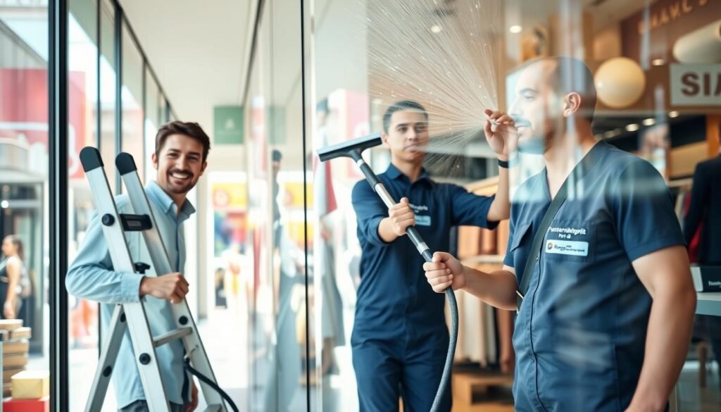A professional window cleaning scene in a retail environment, showcasing two workers in clean uniforms meticulously cleaning large glass storefront windows. The foreground features a smiling worker at a ladder, utilizing modern, high-tech cleaning equipment, while the middle ground includes a second worker applying a cleaning solution with a squeegee, ensuring streak-free results. The background presents a vibrant shopping street with colorful displays and attractive merchandise, creating an inviting atmosphere for customers. Bright, natural daylight streams in, illuminating the scene and highlighting the sparkle of the clean glass. The logo "Fensterreinigungprofi.de" is subtly incorporated into the worker's uniform. The overall mood is professional and fresh, symbolizing the importance of cleanliness in creating a positive first impression.