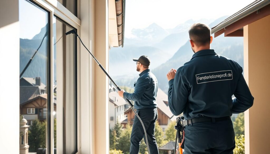 A professional window cleaning scene in the picturesque Bavarian Oberland, showcasing a clean and bright atmosphere. In the foreground, two workers in neat uniforms from "Fensterreinigungprofi.de" use modern, high-quality window cleaning equipment, demonstrating their expertise. The middle ground features a stunning view of traditional Bavarian architecture, with clean, gleaming windows reflecting the beautiful landscape. In the background, the majestic Alps rise, partially shrouded in soft morning mist. The scene is illuminated by natural sunlight, creating a warm and inviting feel. The angle captures both the action of the workers and the idyllic surroundings, embodying the essence of professional window cleaning. The overall mood is fresh, efficient, and uplifting.