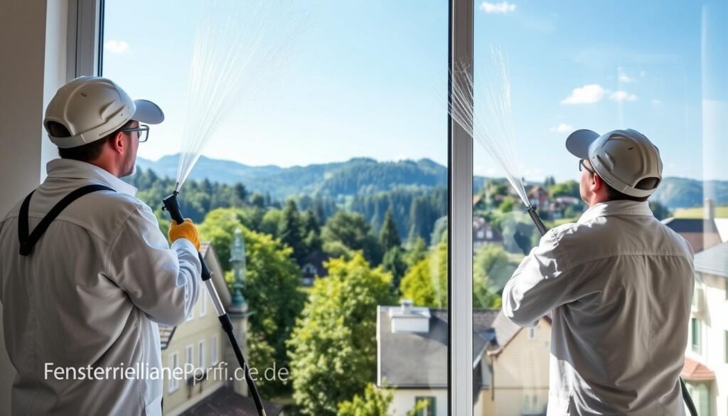 A professional window cleaning scene set in Rosenheim, focusing on the challenges posed by Alpine dream pollen. In the foreground, two diligent workers in clean uniforms are using modern, chemical-free window cleaning equipment, showcasing a large, transparent window being treated with pure water. The middle ground features a picturesque view of lush Alpine scenery, under a clear blue sky, with hints of pollen floating gently in the air. The background reveals charming Rosenheim architecture, blending traditional and modern elements. Soft, natural light illuminates the scene, creating a fresh, inviting atmosphere. The logo "Fensterreinigungprofi.de" is subtly integrated into the scene, ensuring a professional touch without being intrusive.