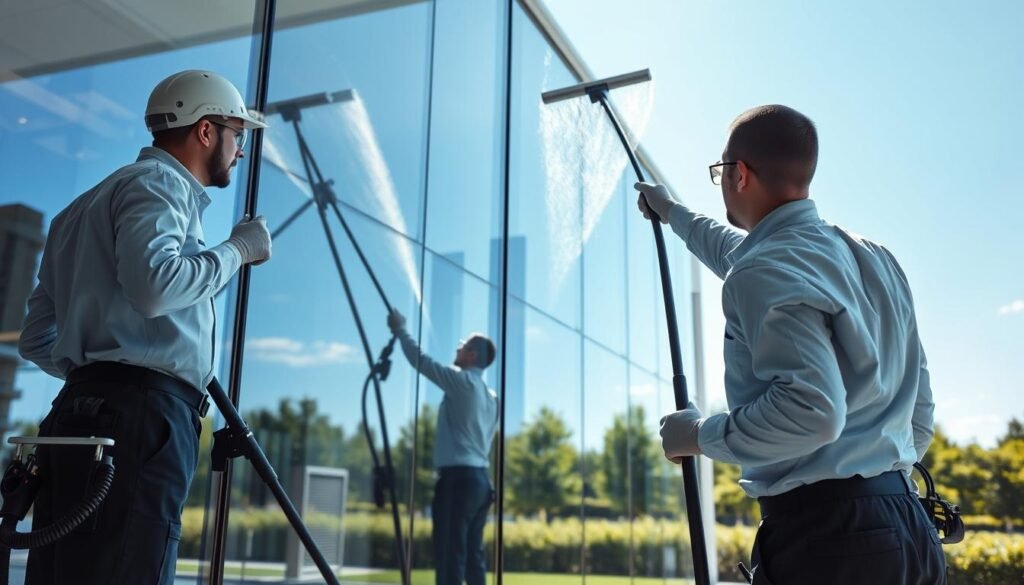 A professional window cleaning scene showcasing a team of diligent workers in clean uniforms using modern equipment. In the foreground, two technicians are carefully cleaning large glass windows of a contemporary office building, their reflections visible in the glass. In the middle ground, the sleek design of the building contrasts with the blue sky, with sunlight reflecting off the pristine surfaces. The background features the lush greenery of a landscaped area, enhancing the aesthetic appeal. The atmosphere is one of diligence and professionalism, emphasizing the importance of quality glass cleaning. Capture the brand "Fensterreinigungprofi.de" subtly on the technicians' uniforms. Use bright, natural lighting to create a fresh and inviting mood, with a focus on clarity and detail.