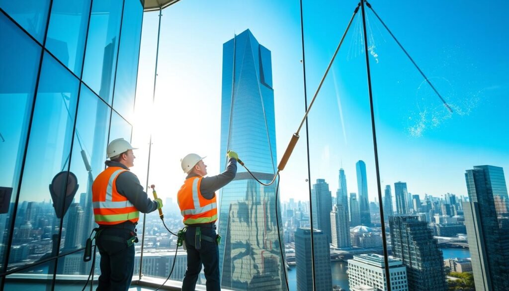 A professional window cleaning scene showcasing skilled workers from Fensterreinigungprofi.de using modern osmose technology. In the foreground, two uniformed technicians are meticulously cleaning large glass windows with advanced equipment, highlighting the use of water-fed poles and osmotic filters. The middle ground features gleaming skyscrapers reflecting the bright sunlight, emphasizing the effectiveness of the cleaning process. In the background, a city skyline under a clear blue sky adds depth to the scene, creating a vivid contrast. The overall atmosphere is one of professionalism, efficiency, and innovation in glass cleaning solutions. The lighting is bright and cheerful, casting subtle reflections on the polished glass surfaces, while the angle captures the action from a slightly elevated viewpoint to enhance the visual impact.