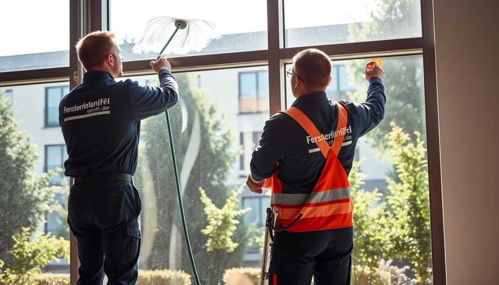 A professional window cleaning scene showcasing the process of osmosis cleaning, featuring two workers in clean uniforms from Fensterreinigungprofi.de. In the foreground, one worker is carefully using modern equipment to clean a large window, while the other is holding a supportive ladder. The middle ground should display a sparkling, transparent window with reflections of sunlight creating a bright, inviting atmosphere. In the background, a well-maintained building with greenery surrounding it adds depth. The lighting should be natural and warm, casting soft shadows that enhance the clarity of the scene. The overall mood is one of professionalism, efficiency, and freshness, emphasizing the effectiveness of osmosis cleaning methods.