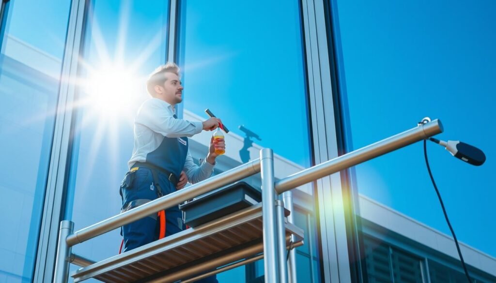 A professional window cleaning scene showcasing two workers in clean uniforms, standing on a modern scaffolding platform, meticulously cleaning large glass windows of a contemporary building. The foreground features a close-up of the workers using innovative cleaning tools, such as a squeegee and spray bottle, highlighting their focused expressions. In the middle ground, the building's sleek architecture reflects the bright sunlight, creating a vibrant interplay of light and glass. The background shows a clear blue sky, emphasizing the fresh and invigorating atmosphere of a bustling town like Bruckmühl or Rosenheim. Include subtle branding elements, such as “Fensterreinigungprofi.de” on the workers' uniforms, ensuring compliance with professional presentation standards. The overall mood conveys a sense of efficiency and professionalism in local glass cleaning services.