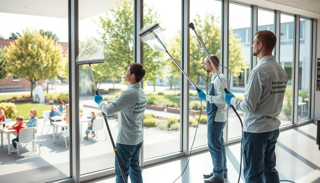 A professional window cleaning service at a modern school, emphasizing ecological practices. In the foreground, two workers in clean uniforms from "Fensterreinigungprofi.de" are carefully using eco-friendly cleaning equipment with biodegradable solutions on large glass windows. The middle ground features bright, sunlit classrooms visible through the sparkling windows, showcasing a learning environment filled with students engaging in activities. The background highlights a beautiful schoolyard with trees and gardens, symbolizing a connection to nature. Soft, natural lighting enhances the scene, casting gentle reflections on the windows. The mood is uplifting and refreshing, embodying the importance of safe and sustainable cleaning methods in educational settings.