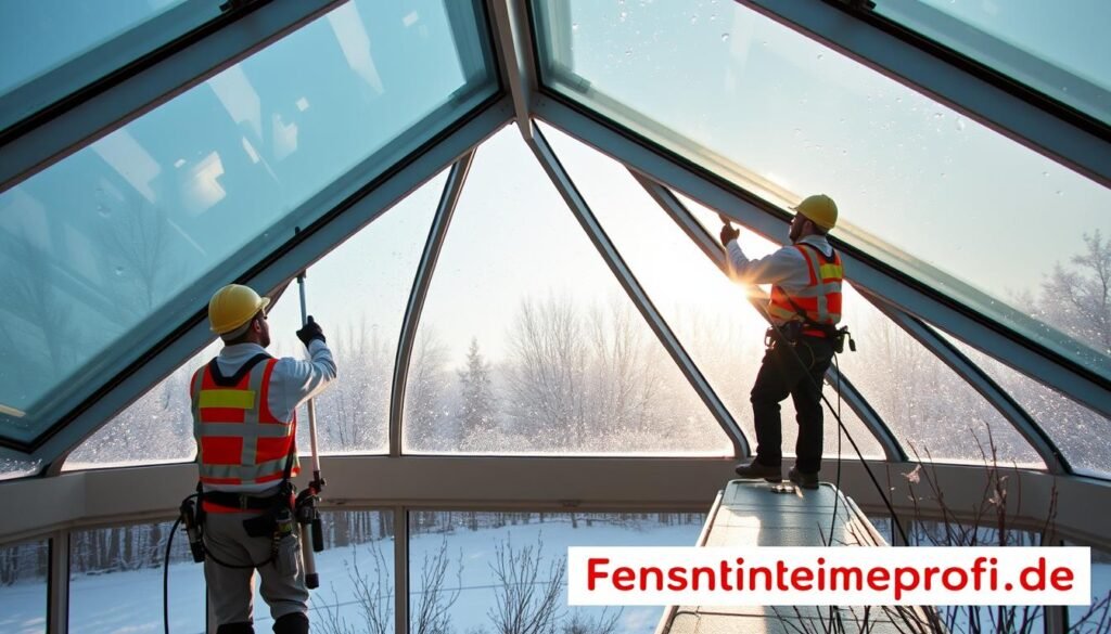 A professional window cleaning service diligently cleaning a glass roof of a winter garden. In the foreground, two workers in clean uniforms carefully use modern equipment to reach high areas and ensure a spotless finish. They wear safety gear, exuding professionalism and expertise. The middle layer features the elegant glass roof glistening in soft winter sunlight, showcasing its transparency and reflection. In the background, a serene winter garden is visible, with dormant plants and a gentle snowfall outside, creating a tranquil atmosphere. The mood is calm yet industrious, symbolizing the necessity of proper winter garden maintenance. The brand name “Fensterreinigungprofi.de” is subtly integrated into the scene, emphasizing professionalism in window cleaning.