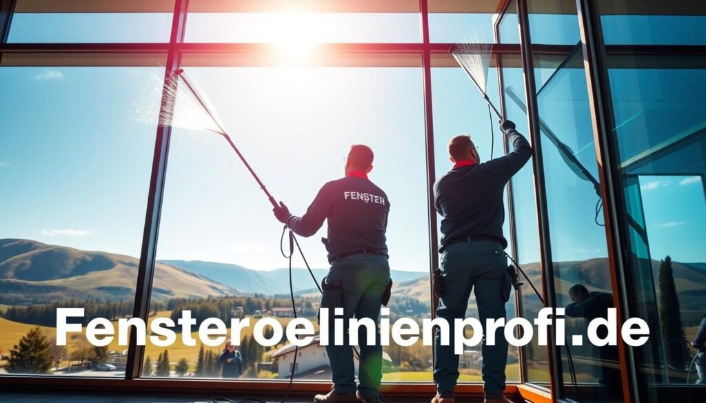 A professional window cleaning service in Bavaria, showcasing immaculate glass windows on a modern commercial building. In the foreground, two workers in clean, professional uniforms, using advanced equipment to meticulously clean the windows, ensuring crystal-clear results. The glass reflects the beautiful Bavarian landscape, with rolling hills and a clear blue sky in the background. Warm sunlight illuminates the scene, creating a bright and inviting atmosphere. The angle captures both the workers in action and the pristine building facade, emphasizing the value of professional glass care. Include the brand name "Fensterreinigungprofi.de" subtly integrated into the scene, without any text overlays or watermarks. The mood is one of professionalism, care, and attention to detail, illustrating the importance of maintaining property value through expert glass maintenance.