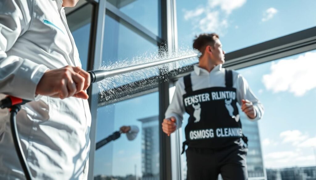 A professional window cleaning service in action, featuring two workers in clean, stylish uniforms from the brand "Fensterreinigungprofi.de." In the foreground, the workers are using advanced osmose cleaning technology, showcasing modern equipment like a retractable water-fed pole with a brush attachment. The middle ground focuses on large glass windows being cleaned, with droplets of water glistening in the sunlight. In the background, a panoramic view of a contemporary building reflects clear blue skies, emphasizing the effectiveness of osmose water in achieving streak-free results. The lighting is bright and natural, giving a fresh and inviting atmosphere that conveys cleanliness and professionalism. The angle captures a slight upward view, enhancing the grandeur of the windows being cleaned.