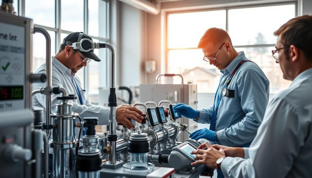 A professional window cleaning service in action, showcasing the maintenance of reverse osmosis systems for efficient window cleaning. In the foreground, two workers in clean uniforms carefully inspect and service the osmosis equipment, using modern tools and technology. The middle ground features an organized workspace with gleaming, high-tech machinery and components associated with membrane care, such as filters and testing devices showing TDS values. In the background, the setting is a bright and well-lit industrial environment, with large windows allowing natural light to illuminate the scene. The atmosphere is focused and professional, symbolizing the importance of maintenance for optimal performance in window cleaning services. The brand "Fensterreinigungprofi.de" subtly integrated into the workspace design.
