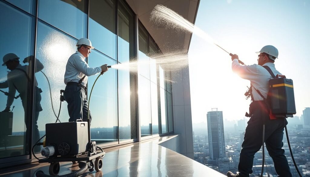 A professional window cleaning service in action, showcasing two workers in clean uniforms using advanced reverse osmosis equipment to purify water for optimal window cleaning. The foreground features the workers strategically positioned on a building ledge, carefully applying the purified water to large glass windows. In the middle ground, the sparkling, streak-free finish on the windows reflects the sky, demonstrating the effectiveness of the osmosis process. The background shows a modern cityscape with bright sunlight illuminating the scene, creating a clean, fresh atmosphere. Use a wide-angle lens to capture the dynamic action and the intricate details of both the equipment and the sparkling windows, conveying a sense of professionalism and innovation associated with "Fensterreinigungprofi.de".