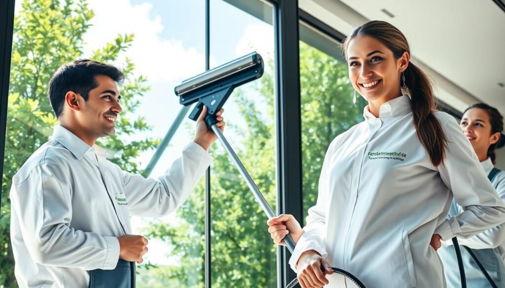 A professional window cleaning service scene featuring two workers in clean uniforms, diligently cleaning large, eco-friendly windows. In the foreground, one worker is using modern, sustainable window cleaning equipment with a determined expression, while the other is assisting by ensuring a clear path. The middle ground showcases the gleaming glass of a contemporary building, reflecting vibrant greenery from the surrounding environment, symbolizing ecological responsibility. In the background, sunny skies illuminate the scene with soft, natural light, creating a feeling of warmth and positivity. The logo “Fensterreinigungprofi.de” is subtly integrated into the scene, perhaps on the uniforms or equipment, emphasizing professionalism. The atmosphere is cheerful and eco-conscious, underscoring the theme of guilt-free window cleaning.