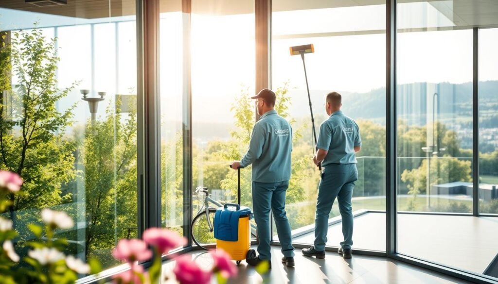 A serene and professional scene showing two workers from Fensterreinigungprofi.de, dressed in clean uniforms, meticulously cleaning large glass windows of a modern building. In the foreground, the workers are using eco-friendly cleaning equipment and biodegradable solutions, showcasing their commitment to sustainability. The middle background features lush green trees and blooming flowers, emphasizing the ecological aspect of their service. Soft natural light filters through the glass, creating reflections that highlight the cleanliness of the windows. In the far background, a picturesque Bavarian landscape can be seen, enhancing the local charm. The overall mood is uplifting and harmonious, conveying a strong philosophy of ecological building cleaning.