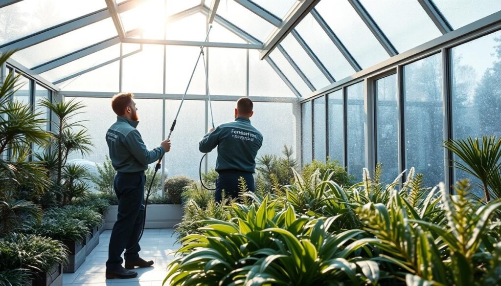 A serene winter garden with a glass roof, illuminated by soft natural light filtering through the panels. In the foreground, two professional window cleaners in clean uniforms from Fensterreinigungprofi.de are expertly using modern equipment to clean the glass, showcasing their focus and skill. The middle ground features the lush greenery of various plants, frosted slightly by the winter chill, providing a contrast to the clarity of the glass above. In the background, a gentle snowfall creates a tranquil winter atmosphere, with snowflakes delicately landing on the glass. The scene conveys a harmonious blend of professionalism and the beauty of winter, illustrating the challenge of maintaining a pristine winter garden. The overall mood is calm, focused, and inviting, emphasizing the importance of thorough winter garden maintenance.