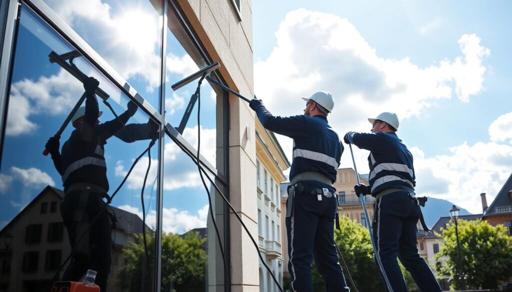 A team of professional window cleaners in clean, branded uniforms from "Fensterreinigungprofi.de" diligently working on a tall building in the picturesque region of Bavaria. In the foreground, two workers use modern squeegees and cleaning tools to meticulously clean large glass panes, while the sun glistens off the surfaces, creating reflections of the surroundings. The middle ground showcases the elegant architecture typical of Oberbayern, with traditional Bavarian buildings and lush greenery, adding depth to the scene. In the background, a clear blue sky contrasts with fluffy white clouds, conveying a sense of productivity and professionalism. The overall mood is bright and efficient, highlighting the essence of commercial cleaning services in the region. Soft, natural lighting enhances the clarity and vibrancy of the image.