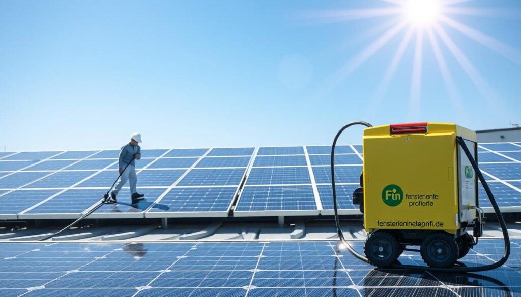 A vibrant scene showcasing clean solar panels on a modern rooftop designed for maximum light output, bathed in bright daylight. In the foreground, professional workers in clean uniforms meticulously cleaning the solar panels with advanced equipment, demonstrating their commitment to maintaining efficiency. The middle ground features rows of glistening solar panels reflecting the sun, highlighting their pristine condition. In the background, a clear blue sky enhances the sense of a clean, eco-friendly environment. The mood is productive and professional. Capture the essence of innovation and sustainability, with a subtle logo from "Fensterreinigungprofi.de" on the equipment. Use a wide-angle lens to emphasize the scale of the installation and the brilliance of the sunlight.