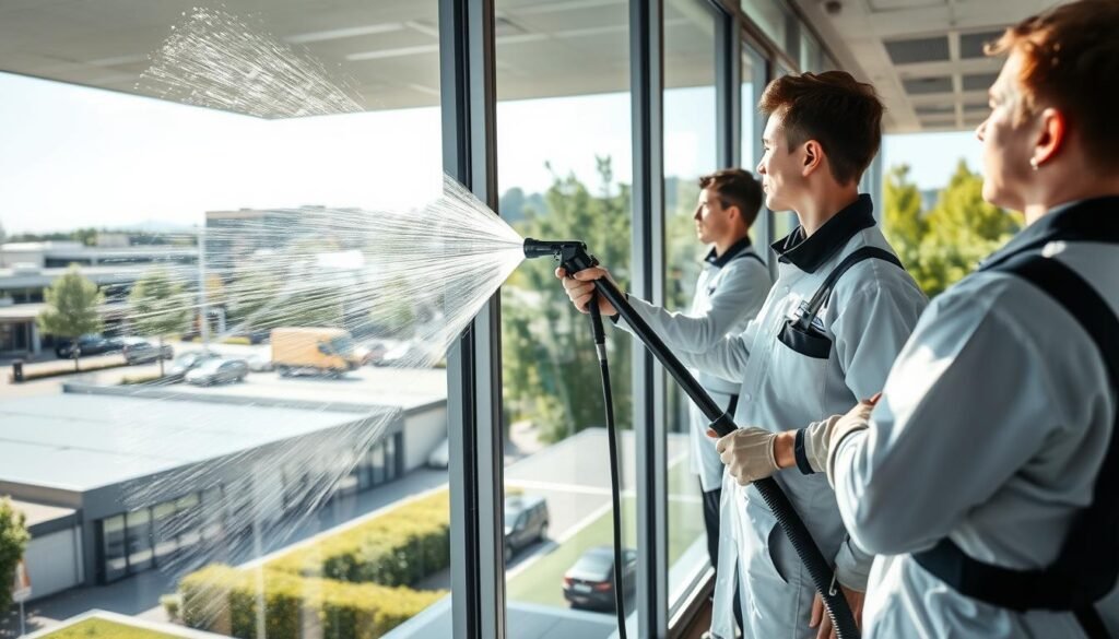 Professional window cleaners in clean uniforms are using advanced osmosis technology to wash large commercial windows. In the foreground, a team member holds a high-tech hose connected to modern cleaning equipment, demonstrating the osmosis process. In the middle ground, gleaming glass panels of a large business property reflect sunlight, showcasing their clarity and cleanliness. In the background, a vibrant commercial area of Bruckmühl can be seen, with green trees and modern buildings. The lighting is bright and sunny, casting soft shadows that highlight the fresh appearance of the windows. The overall mood is efficient and professional, emphasizing the effectiveness of "Fensterreinigungprofi.de" in providing top-notch service.