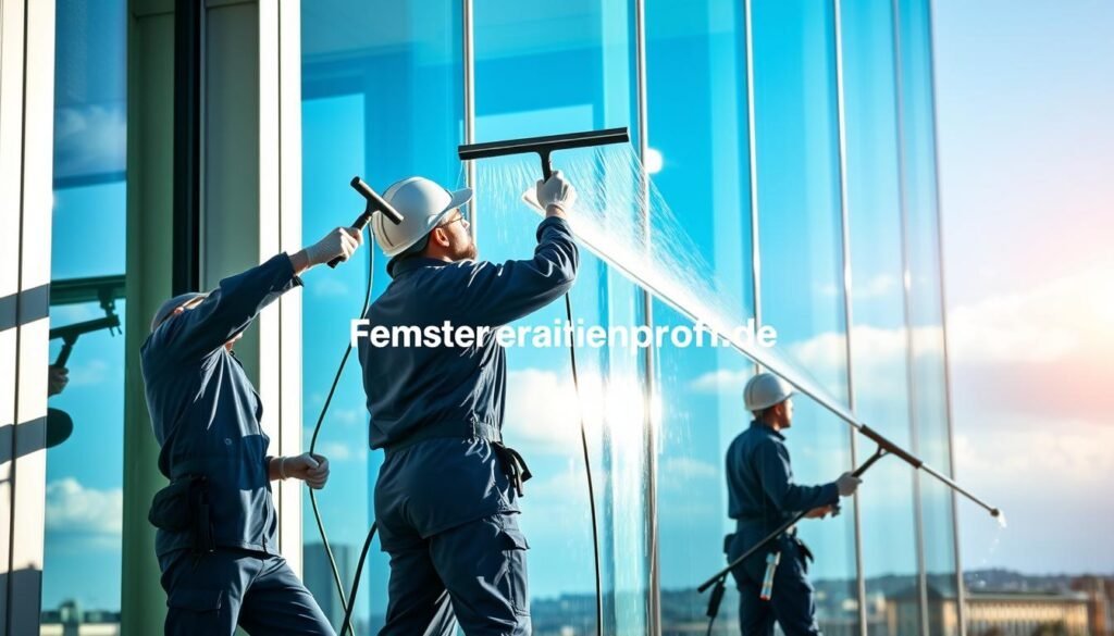 Professional window cleaning service in action, featuring workers in clean uniforms using modern equipment to clean a large glass façade of a contemporary building. Foreground: two workers, one using a squeegee and the other employing a water-fed pole, both focused and skillful. Middle: the gleaming, expansive glass surface, showcasing streak-free clarity that reflects the surrounding environment. Background: a bright blue sky with soft clouds and a hint of urban landscape. Illuminating the scene, bright natural sunlight creates a vibrant and energetic atmosphere. The brand name "Fensterreinigungprofi.de" subtly integrated into the setting, without any text overlays. The overall feel is professional, dynamic, and sustainable, highlighting the challenge of cleaning 500 square meters of glass without chemicals.